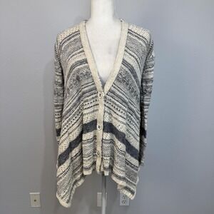 Free People Cardigan Sweater Women's Small Gray Striped V Neck Open Knit Boho